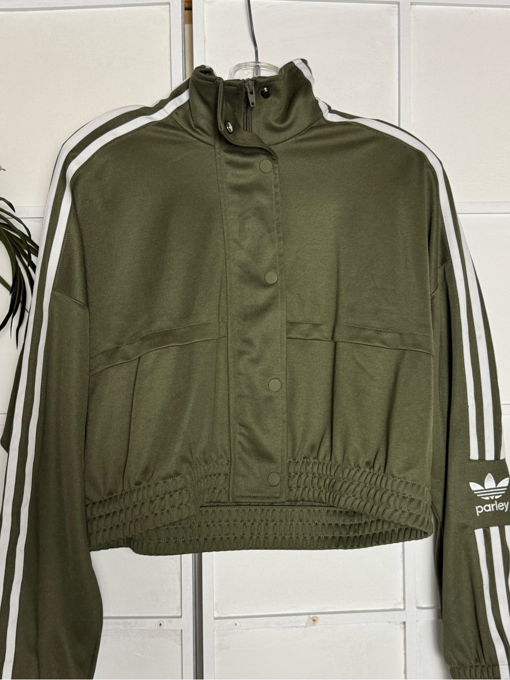 adidas Olive Green Parley Crop Track Jacket with White Stripes